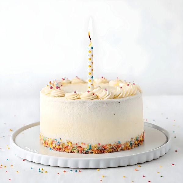 En liten vit tårta med strössel och ett brinnande ljus, perfekt för fotografering.